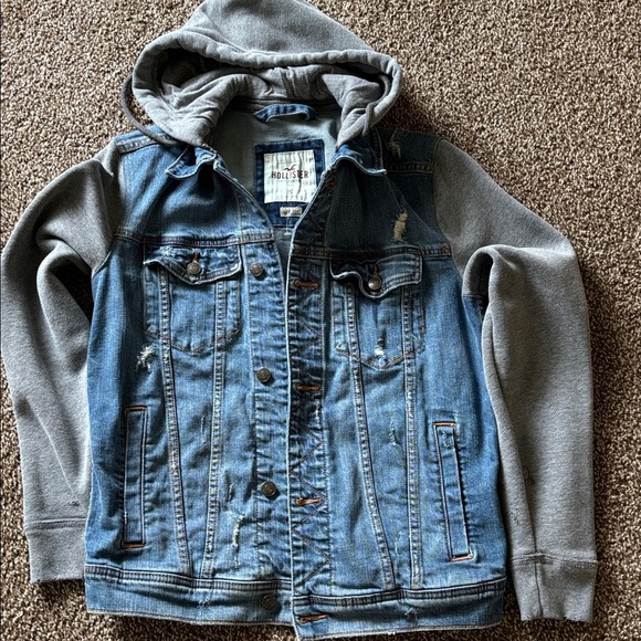 Hollister Blue Denim Jacket with Gray Hood - Picture 1 of 2